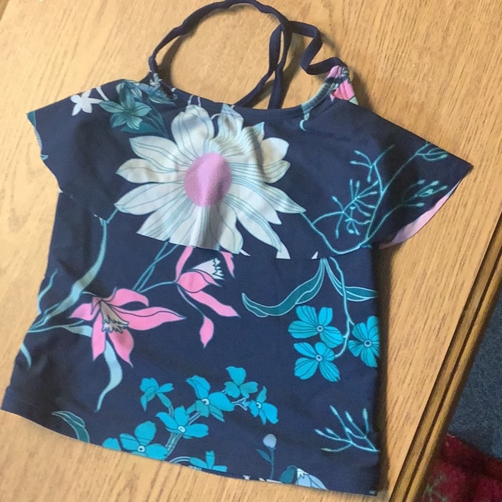 KAMI tankini top size 7 girls floral pink navy turquoise ruffled pretty🌸